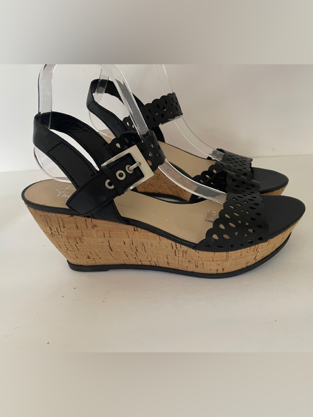 Franco Sarto Black Laser-Cut Cork Wedge Sandals with Buckle
